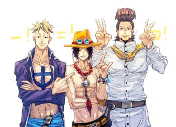 Rule 34 | !, 3boys, abs, bead necklace, beads, beard stubble, belt, belt buckle, black eyes, black hair, blonde hair, brown hair, buckle, chef, chest tattoo, commentary request, facial hair, freckles, goatee, hat, hat ornament, jacket, jewelry, lealee0325, long sleeves, looking at viewer, male focus, marco (one piece), multiple boys, necklace, one piece, open clothes, orange hat, pompadour, portgas d. ace, purple jacket, scar, scar on face, short hair, simple background, smile, stubble, tattoo, thatch (one piece), v, white background