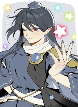 1girl armor black_coat black_hair blue_dress blue_hat blue_nails closed_mouth coat commentary_request dress hair_between_eyes hand_on_own_hip hat highres iizunamaru_megumu long_hair long_sleeves looking_at_viewer one_eye_closed pauldrons pointy_ears red_eyes ribbon-trimmed_sleeves ribbon_trim sakic43899 shoulder_armor shoulder_guard single_pauldron sleeveless sleeveless_coat smile solo star_(symbol) surcoat tokin_hat touhou wide_sleeves