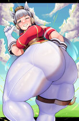 Rule 34 | 1girl, animal ears, ass, bare shoulders, blue sky, breasts, crop top, day, from behind, from below, gloves, gold ship (umamusume), grey hair, grin, horse ears, horse girl, huge ass, large breasts, leggings, long hair, looking at viewer, ofu (pixiv71507545), outdoors, pantylines, purple eyes, sky, sleeveless, smile, solo, sweat, thick thighs, thighs, umamusume, white gloves, white leggings