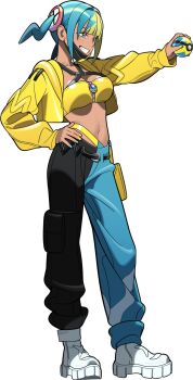 1girl 987645321o aqua_hair bandeau black_mask blonde_hair blue_eyes blue_nails boots breasts canari_(pokemon) collarbone criss-cross_straps dark-skinned_female dark_skin full_body grin hand_on_own_hip hashtag-only_commentary highres holding holding_poke_ball jacket long_sleeves mask mask_pull medium_breasts mega_stone midriff mouth_mask multicolored_hair multicolored_nails navel nintendo open_mouth pants poke_ball pokemon pokemon_legends:_z-a quick_ball short_twintails simple_background smile solo split-color_clothes split-color_hair sports_bra teeth twintails two-tone_hair two-tone_mask two-tone_pants white_background white_boots yellow_bandeau yellow_jacket yellow_mask yellow_nails yellow_sports_bra