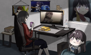 Rule 34 | bang dream!, bang dream! it's mygo!!!!!, black hair, blue pants, chair, character doll, chips (food), commentary, computer, cup, doll, food, highres, holding, holding cup, long hair, medium hair, monitor, mug, otaku room, pants, potato chips, red shirt, screenshot inset, shiina taki, shirt, sitting, yahata umiri, zih ii