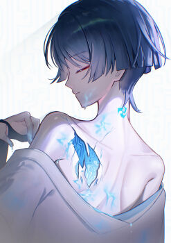 Rule 34 | 1boy, absurdres, android, armpit crease, bare shoulders, birthmark, blunt ends, closed eyes, closed mouth, commentary request, cracked skin, eyelashes, eyeliner, facing to the side, from behind, fuli (narumiyafuri), genshin impact, glowing markings, glowing skin, grey hair, hand up, highres, japanese clothes, kimono, makeup, male focus, median furrow, mitsudomoe (shape), off shoulder, red eyeliner, scaramouche (genshin impact), shoulder blades, solo, tomoe (symbol), wanderer (genshin impact), wet, white background, white kimono