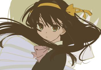 Rule 34 | 1boy, 1girl, black hair, black jacket, blazer, blue scarf, bow, bowtie, brown eyes, closed mouth, collared shirt, expressionless, floating hair, headband, highres, jacket, kkoo7, kouyouen academy school uniform, kyon, light frown, looking at viewer, official alternate costume, official alternate hair length, official alternate hairstyle, parted lips, pink bow, pink bowtie, portrait, ribbon, scarf, school uniform, shirt, short hair, single hair intake, solo focus, suzumiya haruhi, suzumiya haruhi no shoushitsu, suzumiya haruhi no yuuutsu, white shirt, wing collar, yellow headband, yellow ribbon