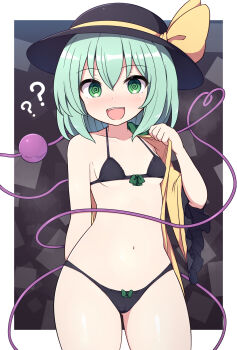 1girl :d ? @_@ bare_shoulders black_bra black_hat black_panties blouse blush bow bow_bra bow_panties bra breasts brown_background cameltoe collarbone cowboy_shot eyeball frilled_sleeves frills green_bow green_eyes green_hair hat hat_bow hat_ribbon heart heart_of_string highres hypnosis komeiji_koishi light_blush looking_at_viewer mind_control navel open_mouth panties petite ribbon rizento shirt short_hair short_sleeves small_breasts smile solo square teeth thighs third_eye touhou underwear undressing upper_teeth_only wide_sleeves yellow_ribbon yellow_shirt