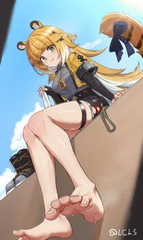 1girl absurdres animal_ear_fluff animal_ears barefoot black_boots black_shorts blue_sky blunt_bangs blush boots bow closed_mouth fang feet foot_focus foreshortening from_below green_eyes grey_shirt hasu_no_shiro highres holding holding_unworn_clothes jacket jewelry ju_fufu legs loli long_hair looking_at_viewer multicolored_hair necklace open_clothes open_jacket orange_hair outdoors shirt shorts sidelocks single_sock sitting sky smile socks soles solo streaked_hair sweat tail tail_bow tail_ornament thigh_strap tiger_ears tiger_girl tiger_tail toes twitter_username unworn_boots unworn_socks very_long_hair wet white_hair white_socks yellow_jacket zenless_zone_zero