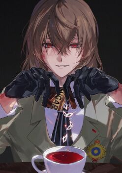 1boy akechi_gorou arms_up black_gloves black_necktie blood blood_on_face brown_hair commentary cup doran_(doran7280) english_commentary gloves grey_jacket highres jacket lapels layered_sleeves long_sleeves male_focus medium_hair necktie notched_lapels parted_lips persona persona_5 red_eyes shirt sitting smile solo striped_necktie sugar_packet suit_jacket table tea teacup teeth tray white_shirt