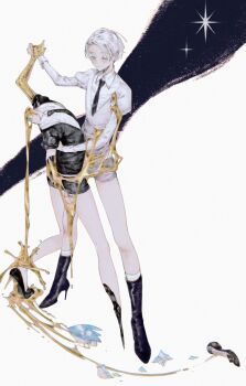 2others amputee androgynous antarcticite aqua_hair black_boots black_jacket black_necktie black_shoes black_shorts boots closed_eyes collared_shirt colored_eyelashes crystal crystal_hair dancing dip_(dance_move) eyeball full_body gem_uniform_(houseki_no_kuni) gloves gold golden_arms hand_on_another's_waist high_heel_boots high_heels highres houseki_no_kuni jacket liquid melting multiple_others necktie other_focus parted_bangs phosphophyllite puffy_sleeves severed_arm severed_head severed_limb shards shiorondo shirt shoes short_hair shorts sparkle stiletto_heels white_background white_hair white_jacket white_shirt white_shorts