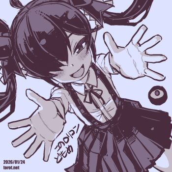 1girl ;d ahoge backbeako_(torotei) backbeard blue_theme blush collared_shirt commentary cowboy_shot dated dated_commentary dutch_angle gegege_no_kitarou hair_over_one_eye hair_ribbon kono_lolicon_domome long_hair long_sleeves looking_at_viewer monochrome neck_ribbon one_eye_closed open_mouth original outstretched_arms outstretched_hand paid_reward_available pleated_skirt pointy_ears ribbon shirt simple_background skirt smile solo suspender_skirt suspenders torotei translated twintails watermark web_address white_background