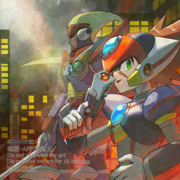 Rule 34 | 2boys, android, armor, axl (mega man), black armor, blonde hair, brown hair, building, chest jewel, commentary request, cross scar, forehead jewel, green eyes, gun, helmet, holding, holding gun, holding weapon, long hair, male focus, mega man (series), mega man x7, mega man x (series), multiple boys, open mouth, outdoors, red (mega man x), red helmet, scar, scar on face, smile, spiked hair, standing, sword, watermark, watermark grid, weapon, yamanashi taiki