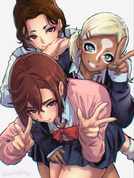 3girls ayase_momo blonde_hair blue_eyes blue_skirt blue_sweater bow bowtie brown_eyes brown_hair closed_mouth collared_shirt commentary cowboy_shot crossed_bangs dandadan dark-skinned_female dark_skin earrings english_commentary friends green_nails grey_background grin gyaru gyaru_makeup hair_behind_ear hair_ornament hairclip highres jewelry kami_high_school_uniform leaning_forward leaning_on_person long_sleeves looking_at_viewer loose_bowtie loose_socks low_twintails makeup miko_(dandadan) miniskirt muko_(dandadan) multicolored_nails multiple_girls nail_polish parted_bangs parted_lips pink_sweater pleated_skirt red_bow red_bowtie school_uniform shirt shirt_under_sweater short_hair signature skirt smile socks sweater toni_caballero twintails v w white_shirt white_socks