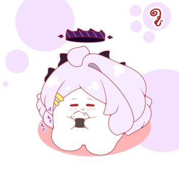 Rule 34 | blue archive, blush, chibi, closed eyes, closed mouth, colored shadow, commentary request, facing viewer, food, grey hair, hair ornament, hairclip, halo, hina (blue archive), holding, holding food, horns, kurukurumagical, motion lines, onigiri, parted bangs, shadow, single hair intake, sitting, solo, white background