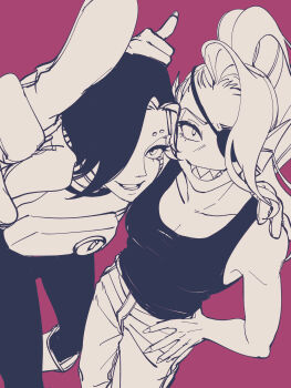 1boy 1girl absurdres android cowboy_shot eyepatch fins foreshortening from_above greyscale_with_colored_background grin hair_over_one_eye hand_on_another&#039;s_shoulder hand_on_own_hip head_fins highres index_finger_raised looking_at_viewer mettaton mettaton_ex one_eye_covered pants pink_background ponytail sharp_teeth short_hair simple_background smile standing tachibana_(church111) tank_top teeth undertale undyne utdr_(toby_fox)