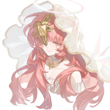 1girl ambience_synesthesia arknights bare_shoulders chinese_commentary closed_mouth commentary_request detached_wings disembodied_hand facial_mark halo highres lemuen_(arknights) lemuen_(requiem_vesperis)_(arknights) long_hair looking_at_viewer mark_under_eye official_alternate_costume one_eye_covered pink_eyes pink_hair simple_background siyeye smile solo star_pendant teardrop_facial_mark traditional_halo upper_body veil white_background white_veil wings