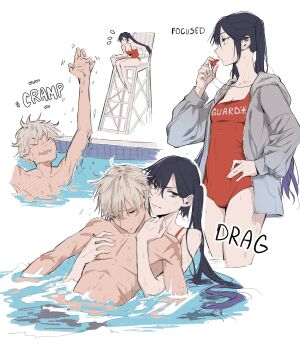 Rule 34 | 1boy, 1girl, alternate costume, arms up, artwolfaja, bennett (genshin impact), black hair, breasts, chair, closed eyes, clothes writing, english text, genshin impact, grey hair, grey jacket, hair between eyes, highres, holding, holding whistle, hood, hood down, hooded jacket, jacket, lifeguard, lifeguard chair, long hair, mona (genshin impact), multiple views, one-piece swimsuit, open clothes, open jacket, open mouth, red one-piece swimsuit, rescue, scar, scar on arm, small breasts, swimsuit, twintails, water, wet, whistle, whistle around neck