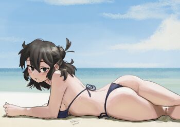 1girl absurdres artist_name ass beach bikini black_bikini black_eyes black_hair blue_sky borrowed_character breasts commentary dashi_(dashiart) day from_side halterneck highres looking_at_viewer lucia_(scott_malin) lying medium_breasts medium_hair on_stomach original outdoors parted_lips patreon_username side-tie_bikini_bottom sky solo string_bikini swimsuit