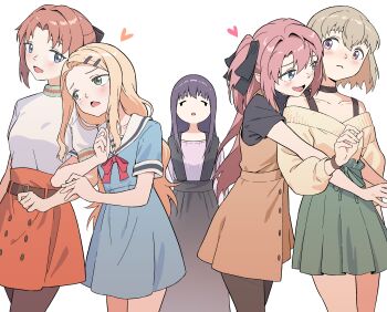 Rule 34 | 5girls, absurdres, black choker, black dress, black pantyhose, black ribbon, black shirt, blonde hair, blue dress, blue eyes, boo da booo, brown dress, brown hair, cardigan, choker, commentary, dress, english commentary, green eyes, green skirt, grey hair, gujyo kanade, heart, highres, hug, hug from behind, kamiina botan, kamiina botan yoeru sugata wa yuri no hana, kitamori yaeka, locked arms, long hair, multiple girls, open mouth, orange shirt, pantyhose, pinafore dress, pink hair, purple eyes, purple hair, purple shirt, ribbon, sailor dress, shirt, short hair, simple background, skirt, sleeveless, sleeveless dress, smile, tonami ibuki, two side up, white background, white shirt, yellow cardigan, yuri, yusa akane