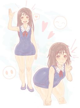 1girl ass bent_over blue_dress blush breasts brown_eyes brown_hair dress hand_up heart huge_ass jujutsu_kaisen kyojiri_loli loli long_hair looking_at_viewer multiple_views open_mouth orimoto_rika plank_(zfzt7835) ribbon simple_background sleeveless smile solo spoken_heart standing thighs v waving white_background wide_hips