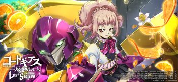 1girl anya_alstreim black_skirt code_geass code_geass:_fukkatsu_no_lelouch code_geass:_lost_stories commentary_request f4samurai gloves highres knightmare_frame long_hair mecha miniskirt necktie official_art open_mouth pink_hair ponytail purple_gloves purple_necktie purple_thighhighs red_eyes robot skirt smile solo thighhighs