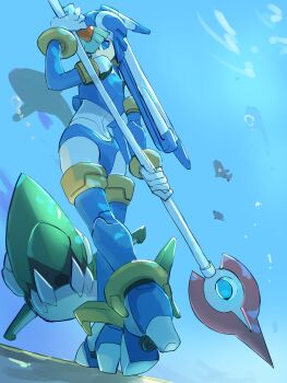 1girl absurdres armor blue_armor blue_eyes blue_helmet fairy_leviathan_(mega_man) from_behind full_body helmet highres holding holding_polearm holding_weapon mega_man_(series) mega_man_zero_(series) omochi_(mochi_skymega) polearm solo_focus spear weapon