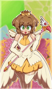 1girl bare_shoulders breasts brown_hair cardcaptor_sakura crown dress elbow_gloves frilled_gloves frills from_above gloves green_eyes hair_intakes holding holding_staff kinomoto_sakura looking_at_viewer magical_girl medium_breasts miks381 neckerchief open_mouth outline short_twintails smile solo staff thighhighs twintails white_dress white_outline white_thighhighs wings yellow_neckerchief