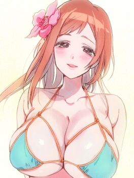 2019 arms_behind_back bare_shoulders bikini bleach bleach:_epilogue blush breasts brown_eyes cleavage collarbone commentary female_focus flower flower_on_head framed_breasts hair_flower hair_ornament happy inoue_orihime light_blush long_hair looking_at_viewer okihana orange_hair shiny_skin simple_background smile swimsuit upper_body white_background