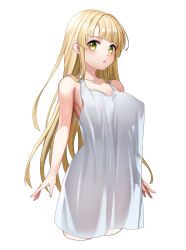 Rule 34 | 1girl, absurdres, bang dream!, bare shoulders, blonde hair, blunt bangs, blush, breasts, collarbone, covered navel, covered nipples, covered pussy, diagonal bangs, dopamine70, dress shirt, highres, large breasts, long hair, looking at viewer, open mouth, see-through, see-through shirt, shirt, sleeveless, sleeveless shirt, solo, standing, tsurumaki kokoro, white shirt, yellow eyes