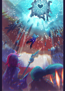 6+others absurdres blue_star commentary_request e.g.o_(project_moon) eldritch_abomination employee_(project_moon) extra_legs heart highres holding holding_weapon inumata0823 lobotomy_corporation monster multiple_others nugget_(project_moon) pillarboxed pink_hair project_moon red_eyes_(e.g.o) weapon