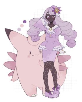1girl ascot brooch clefable color_guide dark-skinned_female dark_skin dress fascinator frilled_ascot frills full_body gen_1_pokemon hair_ornament hand_up highres hime_(himetya105) jacinthe_(pokemon) jewelry juliet_sleeves long_hair long_sleeves looking_at_viewer low_drills mega_stone nintendo pokemon pokemon_(creature) pokemon_legends:_z-a puffy_sleeves purple_dress purple_eyes purple_hair purple_shoes shoes smile standing very_dark_skin wings