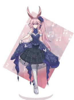 1girl bare_shoulders beamed_sixteenth_notes black_bow black_skirt blue_flower blue_shirt bow breasts closed_mouth commentary eighth_note flower full_body gloves grey_shoes hair_between_eyes hair_flower hair_ornament highres honkai_(series) honkai_impact_3rd long_hair medium_breasts musical_note pantyhose pink_hair purple_eyes ribbed_pantyhose sang_yuchen see-through_clothes shirt shoes side_ponytail skirt smile solo standing very_long_hair white_gloves white_pantyhose yae_sakura