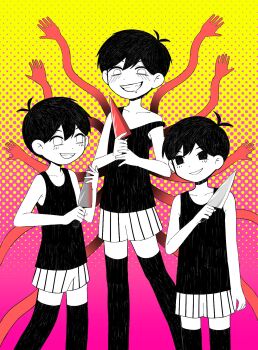 Rule 34 | 3boys, antenna hair, black eyes, black hair, black tank top, black thighhighs, blush, clone, collarbone, colored skin, double-parted bangs, drooling, grin, hair between eyes, highres, holding, holding knife, knife, looking at another, looking at viewer, male focus, mouth drool, multiple boys, nana (papapaimon), omori, omori (omori), open mouth, shorts, smile, striped clothes, striped shorts, tank top, teeth, thighhighs, vertical-striped clothes, vertical-striped shorts, white eyes, white shorts, white skin