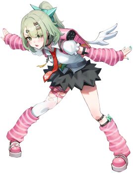 Rule 34 | 1girl, absurdres, aqua nails, arm warmers, bandaid, bandaid hair ornament, black skirt, blush, commentary request, dress, earrings, frilled dress, frills, full body, fur-trimmed skirt, fur trim, green eyes, green hair, hair ornament, heart, heart hair ornament, highres, jewelry, leg warmers, legs apart, looking at viewer, matsuhisa (ryo-tsuda1), multicolored nails, multiple hair clips, multiple thigh straps, musical note earrings, necktie, open mouth, outstretched arms, pink arm warmers, pink bag, pink leg warmers, pink nails, pink shoes, ponytail, red necktie, shirt, shoes, simple background, skirt, solo, spread arms, standing, striped arm warmers, striped leg warmers, sunna (zenless zone zero), thigh strap, v-shaped eyebrows, white background, white shirt, white wings, winged bag, wings, zenless zone zero