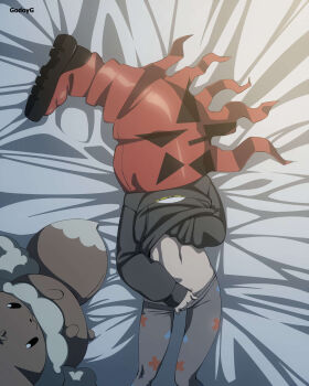 1girl absurdres artist_name backpack bag bed between_legs black_hoodie boots commentary eevee_backpack felipe_godoy female_masturbation female_pubic_hair footwear_on_head grey_pantyhose hand_between_legs highres hood hoodie long_sleeves lying masturbation navel nintendo on_back on_bed paid_reward_available pantyhose penny_(pokemon) pokemon pokemon_sv print_pantyhose pubic_hair red_boots single_boot single_thigh_boot solo stuffed_toy thigh_boots unworn_backpack unworn_bag