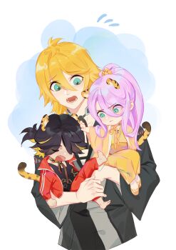 3boys aged_down animal_ears black_hair black_kimono blonde_hair carrying child_carry closed_mouth fang green_eyes hachisuka_kotetsu hair_between_eyes highres jacket japanese_clothes kimono male_focus multiple_boys nagasone_kotetsu ncww_rinichi pants pink_hair ponytail red_jacket red_pants tail tiger_ears tiger_tail touken_ranbu urashima_kotetsu yellow_kimono