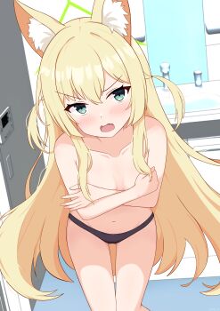 1girl absurdres angry animal_ear_fluff animal_ears bathroom black_panties blonde_hair blue_archive blush bow bow_panties breasts breasts_apart collarbone commentary_request covering_breasts covering_privates crossed_arms embarrassed fang feet_out_of_frame floating_hair fox_ears fox_girl gluteal_fold green_eyes green_halo hair_between_eyes hairclip_(user_rasc5457) halo highres indoors kurumi_(blue_archive) leaning_forward long_hair looking_at_viewer navel open_mouth panties partial_commentary pink_bow sidelocks skin_fang small_breasts solo standing straight_hair textless_version thighs topless_female triangle_halo two_side_up underwear underwear_only v-shaped_eyebrows very_long_hair