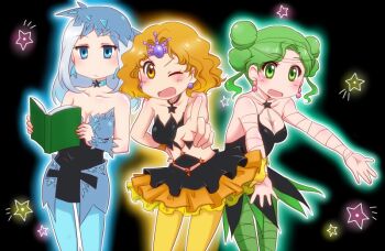 Rule 34 | 3girls, bare shoulders, bishoujo senshi sailor moon, bishoujo senshi sailor moon s, black background, blue eyes, blue legwear, book, breasts, choker, cleavage, double bun, green eyes, green hair, green legwear, hat, kiraki, mimete (sailor moon), multiple girls, nichijou, one eye closed, orange eyes, orange hair, pantyhose, parody, short hair, skirt, smile, star (symbol), style parody, tellu (sailor moon), viluy (sailor moon), white hair, wink, witches 5, yellow legwear