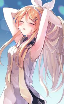 Rule 34 | 1girl, adjusting hair, alternate hair length (longer), arms up, black sailor collar, black shorts, blonde hair, blue background, blush, bow, closed eyes, commentary request, double-parted bangs, gradient background, grey shirt, hair between eyes, hair bow, hair ornament, hairclip, headphones, headset, highres, kagamine rin, lens flare, long hair, mani (manidrawings), necktie, parallel hairclips, sailor collar, shirt, shorts, sidelocks, sleeveless, sleeveless shirt, solo, sweat, tongue, tongue out, undone necktie, very long hair, vocaloid, white bow, yellow necktie