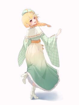 Rule 34 | 1girl, :d, absurdres, ahoge, beret, blonde hair, blush, boots, braid, capelet, commentary request, dress, flower, frilled sleeves, frills, from behind, full body, garu kim, green dress, hair flower, hair ornament, hat, high-waist skirt, high heel boots, high heels, highres, hololive, hololive dev is, japanese clothes, kimono, korean commentary, long hair, long skirt, long sleeves, looking at viewer, looking back, official alternate costume, open mouth, otonose kanade, otonose kanade (new year), red eyes, ribbon, simple background, single braid, skirt, smile, solo, standing, standing on one leg, virtual youtuber, white background, white capelet, wide sleeves