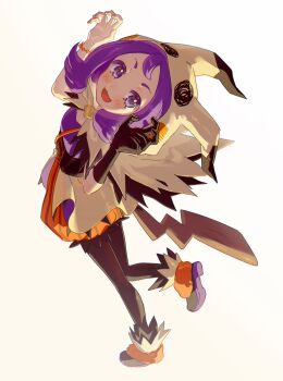 Rule 34 | 1girl, acerola (fall 2020) (pokemon), acerola (pokemon), baggy shorts, black pantyhose, blush, bracelet, claw pose, colored shoe soles, cosplay, fake tail, flat chest, flipped hair, fua1heyvot4ifsr, full body, fur trim, gen 7 pokemon, gloves, hands up, highres, hood, hood up, jewelry, looking at viewer, mimikyu, mimikyu (cosplay), nintendo, official alternate costume, open mouth, pantyhose, pokemon, pokemon masters ex, purple eyes, purple hair, shoe soles, shoes, short bangs, short hair, shorts, single glove, smile, solo, standing, standing on one leg, striped clothes, striped shorts, tail