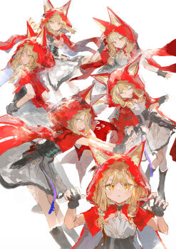 Rule 34 | 1girl, :<, absurdres, animal ear fluff, animal ears, apple, apple slice, arknights, arknights: endfield, black boots, black gloves, blonde hair, boots, bright pupils, cape, claw pose, closed eyes, closed mouth, commentary, dagger, dress, ears through headwear, fingerless gloves, flying sweatdrops, food, food art, from behind, from side, fruit, gloves, hair between eyes, hand up, hands on own hips, hands up, highres, holding, holding dagger, holding knife, holding weapon, hood, hood up, hooded cape, ichika (ichika87), jewelry, knife, looking at viewer, low-tied sidelocks, multiple views, necklace, open mouth, outstretched arm, red cape, rossi (arknights), sidelocks, simple background, sketch, tooth necklace, weapon, white background, white dress, white pupils, wolf ears, wolf girl, yellow eyes