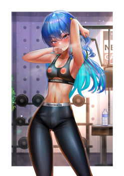1girl absurdres alternate_costume armpits arms_up blue_eyes blue_hair blush border bottle breasts breath closed_mouth collarbone commentary earrings exercise_machine feet_out_of_frame green_ribbon grey_eyes gym hair_ornament hair_ribbon highres hololive hoshimachi_suisei indoors jagoo jewelry large_variant_set long_hair looking_at_viewer multicolored_hair nipple_cutout nipples official_alternate_hair_length official_alternate_hairstyle pants plant ribbon small_breasts sports_bra sportswear star_(symbol) star_hair_ornament stomach sweat two-tone_hair variant_set virtual_youtuber water_bottle weights white_border