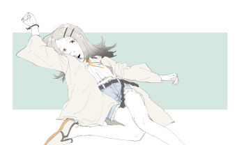 1girl belt black_belt blue_shorts blush camisole denim denim_shorts flipped_hair foot_out_of_frame gakuen_idolmaster gradient_hair green_background grey_hair grey_robe hair_ornament hairclip highres idolmaster long_hair long_sleeves looking_at_viewer lying midriff multicolored_hair muted_color on_back open_clothes open_robe orange_eyes orange_ribbon parallel_hairclips parted_bangs parted_lips ribbon robe rope_belt shinosawa_hiro shoes shorts solo two-tone_background wantan_(wantang0_0) white_background white_camisole white_shoes wide_sleeves wristband