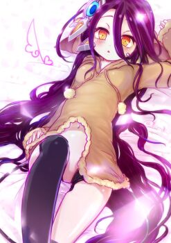 :< animal_hood breasts fur_trim fuzzy_balls hair_ornament hood hoodie joints komaiii long_hair looking_at_viewer navel no_game_no_life no_game_no_life_zero purple_hair robot robot_ears robot_girl robot_joints robot_tail shuvi_(no_game_no_life) small_breasts tail thigh_gap thighhighs very_long_hair yellow_eyes