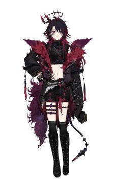 1girl absurdres angel_wings belt black_boots black_hair black_jacket black_shirt black_shorts black_thighhighs boots broken_halo choker crop_top crown dark_halo demon_horns demon_tail demon_wings fallen_angel feathered_wings feathers full_body garter_straps gradient_hair halo highres horns jacket jewelry kisaragi_ren_(2nd_costume) kisaragi_ren_(vtuber) lace-up_boots looking_at_viewer messy_hair midriff multicolored_hair multiple_belts necklace open_clothes open_jacket red_eyes red_feathers red_hair shirt short_hair shorts simple_background smile solo standing streaks tail tassel thighhighs two-tone_hair virtual_youtuber vspo! white_background wings