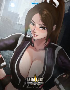 1girl artist_logo artist_name black_jacket breasts brown_eyes brown_hair cherry_blossom_print cleavage collarbone company_name copyright_name fatal_fury fatal_fury:_city_of_the_wolves female_focus floral_print gloves hands_on_own_hips high_ponytail jacket large_breasts leather leather_jacket logo looking_at_viewer matching_hair/eyes motoyui parted_lips ponytail shiranui_mai snk solo street_fighter street_fighter_6 teeth
