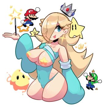 ¿? 1girl 2girls :p adapted_costume blonde_hair blue_eyes breasts breasts_out chalo crown earrings eyelashes facial_hair hair_over_one_eye hat jewelry large_breasts leotard long_hair luigi luma_(mario) mario mario_(series) multiple_girls mustache nintendo pasties puffy_sleeves rosalina skin_tight sparkle star_(symbol) super_star_(mario) super_mario_galaxy thick_thighs thighs tongue tongue_out wand white_background wide_sleeves