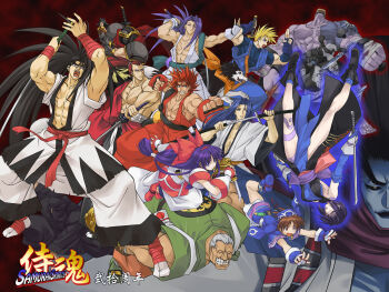 3girls 6+boys abs ainu_clothes arms_up asura_(samurai_spirits) black_hair blonde_hair blue_eyes blue_hair breasts brown_eyes brown_hair clenched_hand closed_eyes fighting_stance fingerless_gloves galford_d_weller gloves grin hair_ribbon half-closed_eyes haoumaru hattori_hanzo highres incoming_attack japanese_clothes japanese_text kageyama_shinobi kazama_kazuki kazama_sougetsu kibagami_genjuro large_breasts leg_lift leg_up legs long_hair multiple_boys multiple_girls muscular muscular_male nakoruru navel ninja open_mouth outstretched_arm pants parted_lips pink_hair pointy_hair ponytail poppy purple_hair red_hair ribbon rimururu samurai_spirits scarf serious shiki_(samurai_spirits) siblings sisters smile snk sweatdrop sword tachibana_ukyou teeth thighs tongue translation_request tripping upside-down very_long_hair weapon yuga_(samurai_spirits)