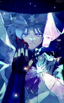 1boy 1girl absurdres alternate_costume blood blue_hair bridal_gauntlets broken_glass closed_mouth commentary fruct0se_fa genshin_impact glass glowing hair_between_eyes hat heterochromia highres japanese_clothes light_particles long_sleeves looking_at_viewer mother_and_son pov pov_hands raiden_shogun reflection scaramouche_(genshin_impact) scaramouche_(kabukimono)_(genshin_impact) smeared_blood solo_focus spoilers transformation wanderer_(genshin_impact) wide_sleeves