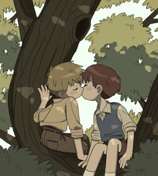 2boys aomuke blonde_hair blush brown_hair in_tree kiss male_focus multiple_boys original short_hair shorts sitting sitting_in_tree tree tree_shade yaoi