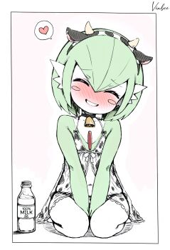 1girl ^_^ animal_ear_hairband animal_ears animal_print artist_name babydoll bare_shoulders between_legs black_choker blush blush_stickers bob_cut border bottle choker closed_eyes colored_skin cow_ears cow_horns cow_print cowbell embarrassed english_text facing_viewer fake_animal_ears fake_horns female_focus flat_chest full_body gardevoir gen_3_pokemon green_hair green_skin grin hair_between_eyes hairband hand_between_legs happy head_tilt horns kneeling lingerie milk milk_bottle multicolored_skin navel neck_bell nervous_smile nintendo nose_blush own_hands_together panties pink_background poke_ball_symbol pokemon pokemon_(creature) raised_eyebrows see-through_babydoll see-through_clothes seiza short_hair shy side-tie_panties sidelocks signature simple_background sitting small_horns smile solo straight-on string_panties teeth two-tone_skin underwear v_arms vinbee white_border white_skin