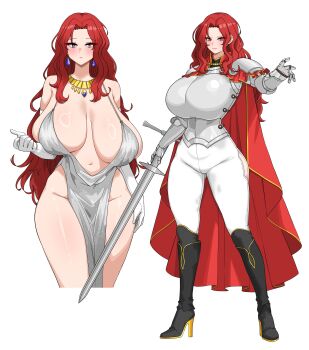 1girl :| absurdres aiguillette amx1375 armor bare_shoulders black_boots boots breastplate breasts cape closed_mouth clothing_cutout cocktail_dress commentary cropped_legs cuirass curtained_hair dress earrings elbow_gloves english_commentary full_body gauntlets gloves gold_necklace gold_trim grey_dress hand_up high_heel_boots high_heels highleg highleg_dress highres hip_vent holding holding_sword holding_weapon huge_breasts jewelry knee_boots knight korean_commentary long_hair mixed-language_commentary multiple_views navel necklace no_bra original pants parted_bangs pauldrons pelvic_curtain red_cape red_eyes red_hair ring_light_reflection sagging_breasts shoulder_armor side_slit simple_background standing sword vambraces wavy_hair weapon white_background white_gloves white_pants